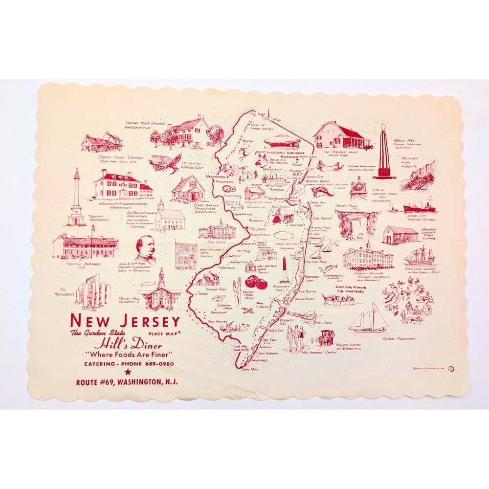 Vintage 1960 New Jersey Map Paper Placemat Hills Diner Washington NJ Souvenir